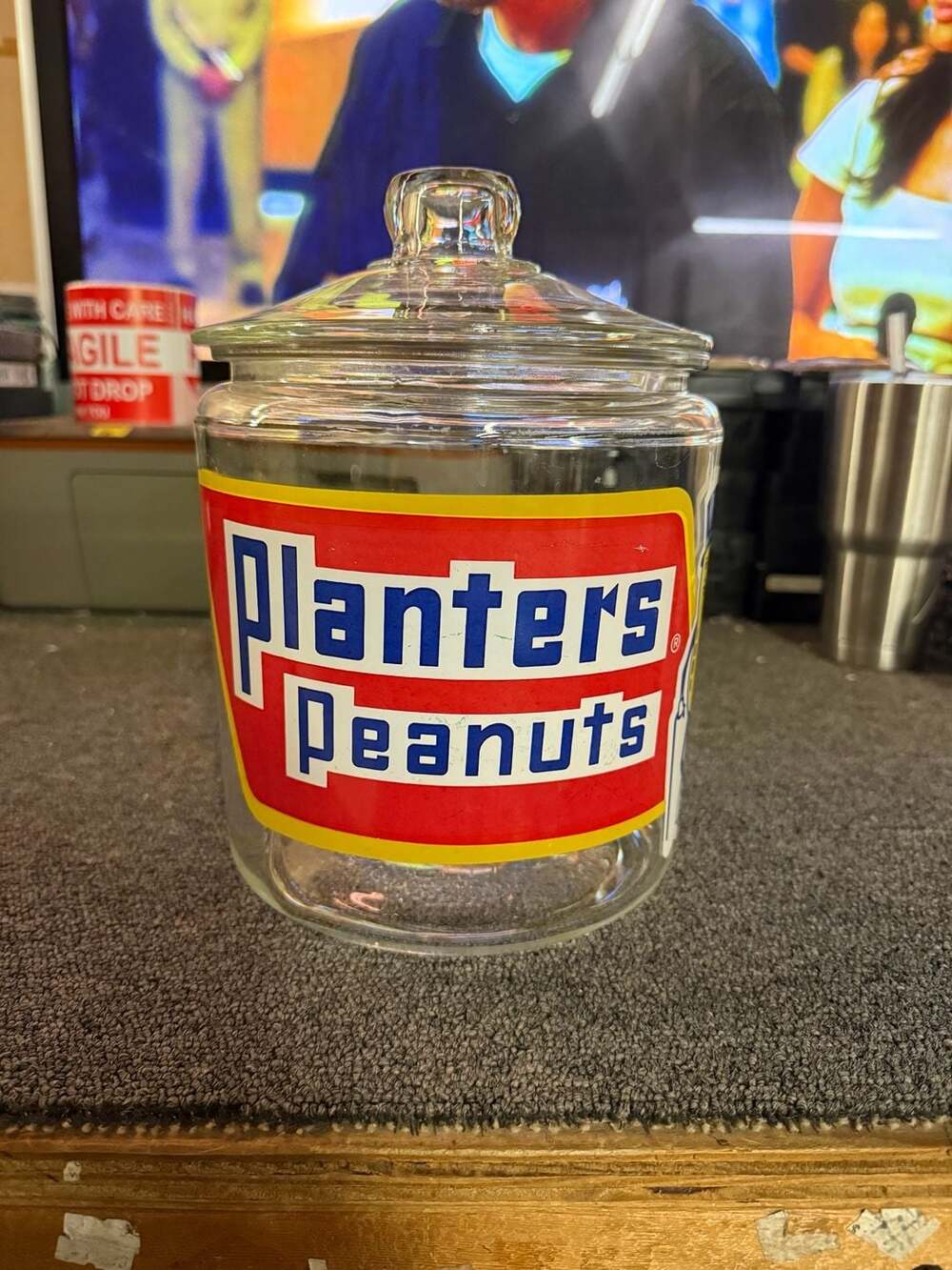 Vintage Planters Peanuts Glass Advertising Counter Jar with Lid